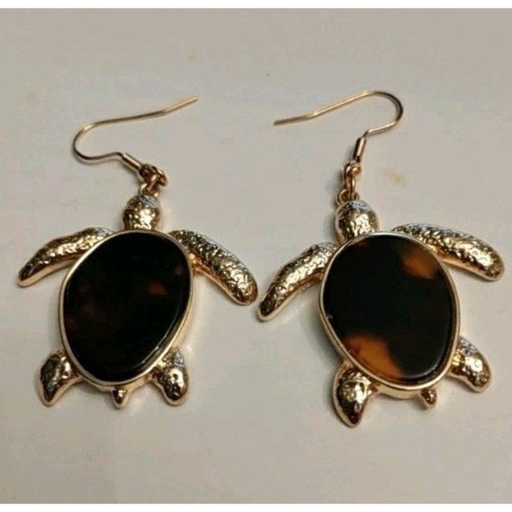 Pair Of Golden Turtle Earrings Abalone Center Dangle